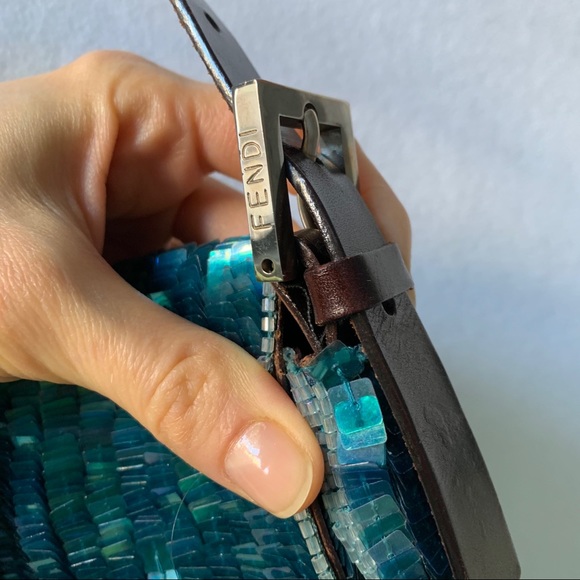 FENDI Navy Blue Sequin Beaded Shoulder Baguette Vintage 90s Bag - Picture 10 of 16